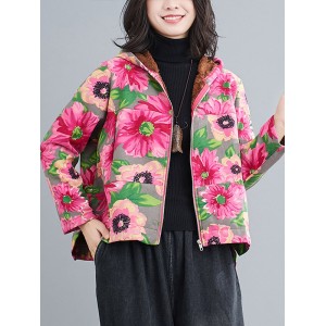 Artistic Retro Velvet Floral Printed Zipper Hooded Long Sleeves Outwear