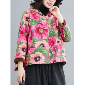 Artistic Retro Velvet Floral Printed Zipper Hooded Long Sleeves Outwear