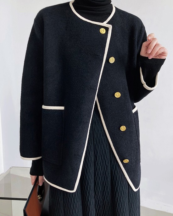 Asymmetric Buttoned Pockets Split-Joint Long Sleeves Loose Round-Neck Woolen Coat