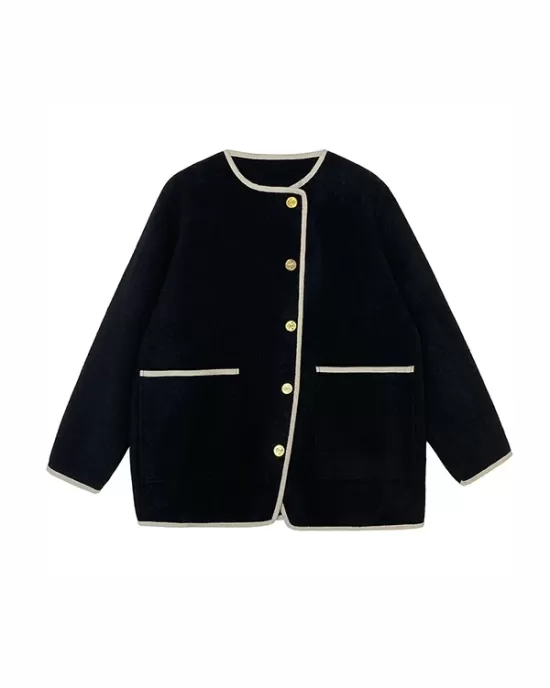 Asymmetric Buttoned Pockets Split-Joint Long Sleeves Loose Round-Neck Woolen Coat