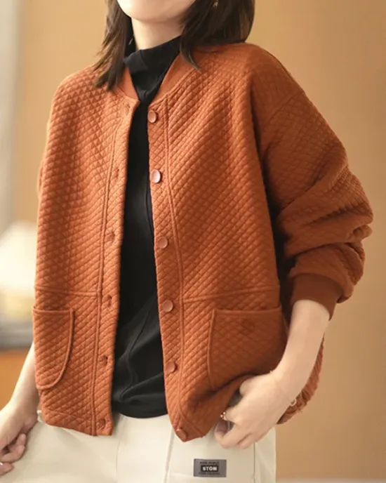 Artistic Retro Loose Long Sleeves Buttoned Solid Color Stand Collar Outerwear