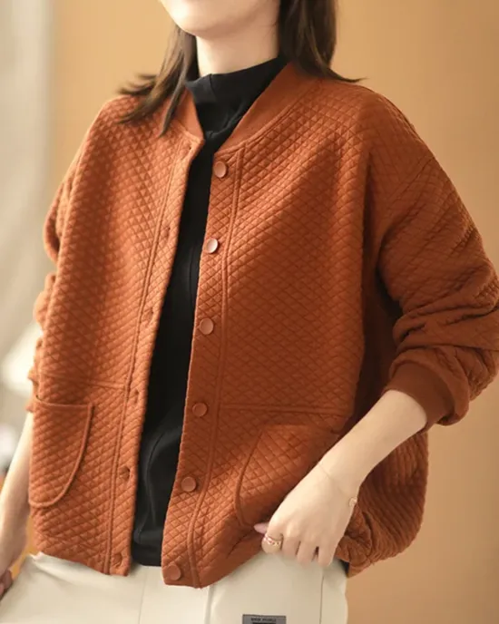 Artistic Retro Loose Long Sleeves Buttoned Solid Color Stand Collar Outerwear