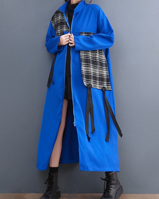 Original Long Sleeves Loose Contrast Color Plaid Split-Joint Zipper Stand Collar Outerwear