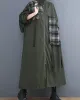 Original Long Sleeves Loose Contrast Color Plaid Split-Joint Zipper Stand Collar Outerwear