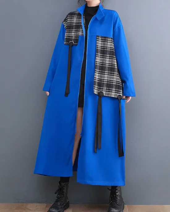 Original Long Sleeves Loose Contrast Color Plaid Split-Joint Zipper Stand Collar Outerwear