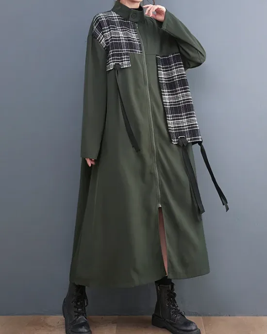 Original Long Sleeves Loose Contrast Color Plaid Split-Joint Zipper Stand Collar Outerwear