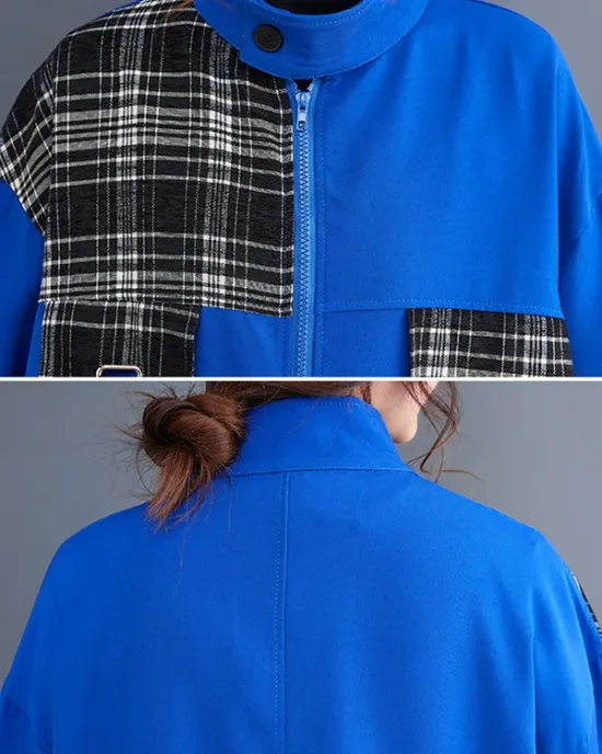 Original Long Sleeves Loose Contrast Color Plaid Split-Joint Zipper Stand Collar Outerwear