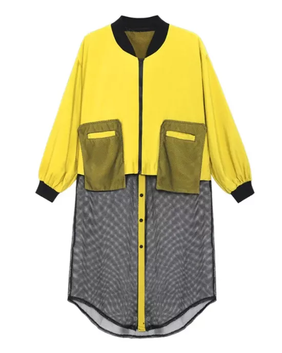 Stylish Split-Joint With Pocket Mesh Buttoned Stand Collar Long Sleeves Jacket Outwear