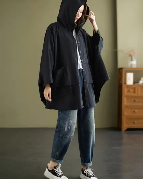 Loose Solid Color Buttoned Hooded Long Sleeves Trench Coat