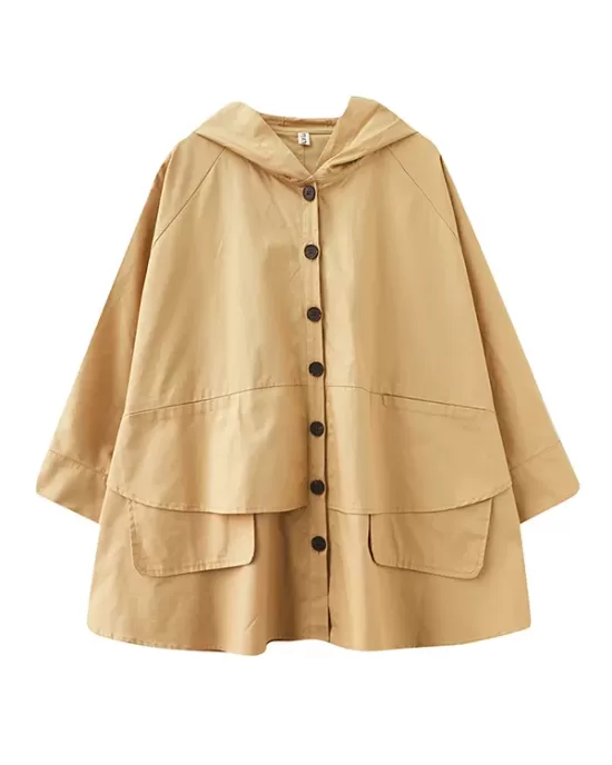 Loose Solid Color Buttoned Hooded Long Sleeves Trench Coat