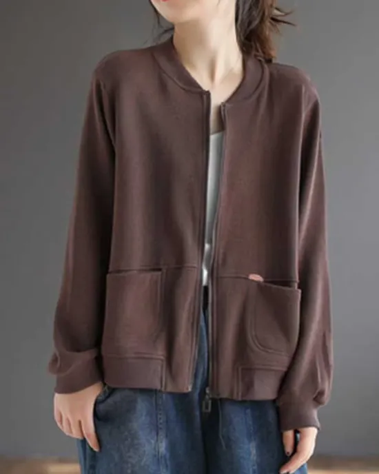 Simple Long Sleeves Loose Solid Color Zipper Stand Collar Outerwear