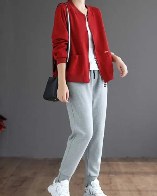 Simple Long Sleeves Loose Solid Color Zipper Stand Collar Outerwear