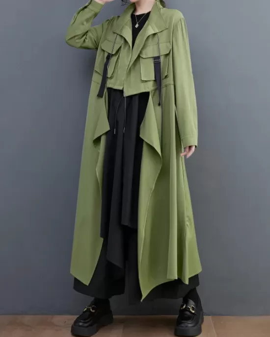 Loose Long Sleeves Drawstring Split-Joint Lapel Trench Coats