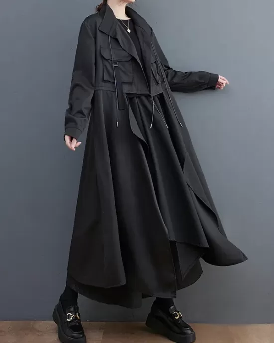 Loose Long Sleeves Drawstring Split-Joint Lapel Trench Coats