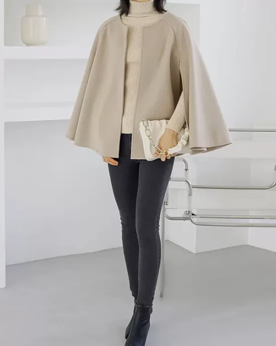 Casual Loose Solid Color Round-Neck Cape Outerwear