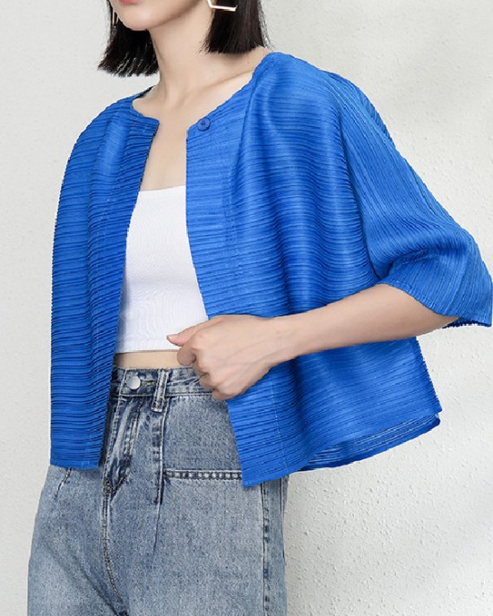 Casual Loose Half Sleeves Pleated Solid Color Outerwear