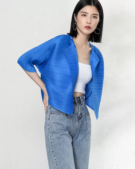 Casual Loose Half Sleeves Pleated Solid Color Outerwear