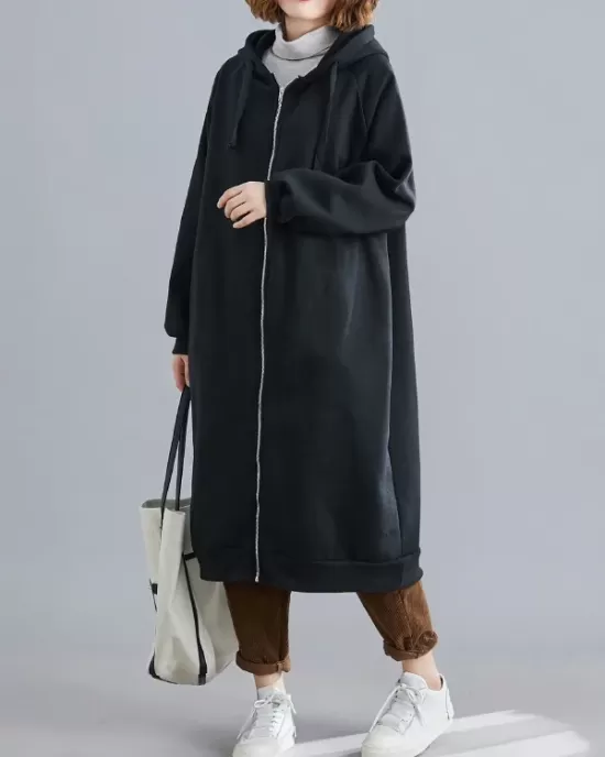 Casual Loose Long Sleeves Solid Color Hooded Outerwear