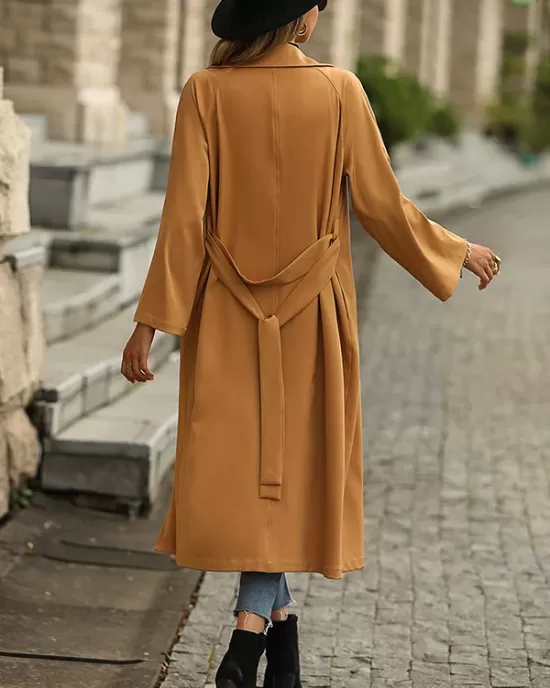 Casual Lace-Up Solid Lapel Collar Coat