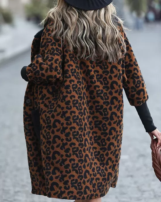 Casual Loose Leopard Patchwork Lapel Collar Coat