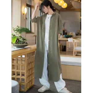 Artistic Retro Loose Simple Casual Solid Color Ramie Trench Coat