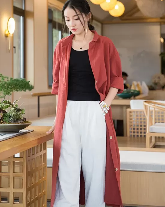 Artistic Retro Loose Simple Casual Solid Color Ramie Trench Coat