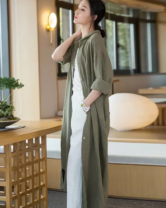 Artistic Retro Loose Simple Casual Solid Color Ramie Trench Coat