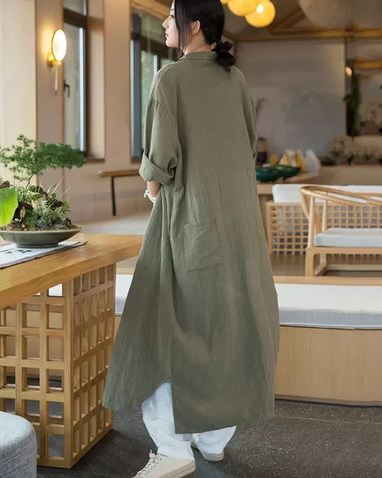 Artistic Retro Loose Simple Casual Solid Color Ramie Trench Coat