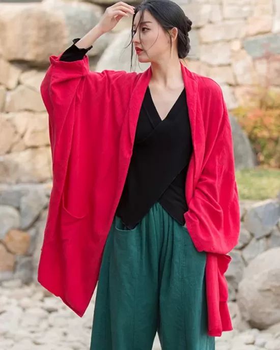 Casual Loose Batwing Sleeves Solid Color Outerwear