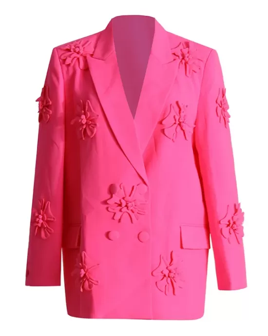 Flower-Embellished Solid Color Long Sleeves Lapel Outerwear Blazer