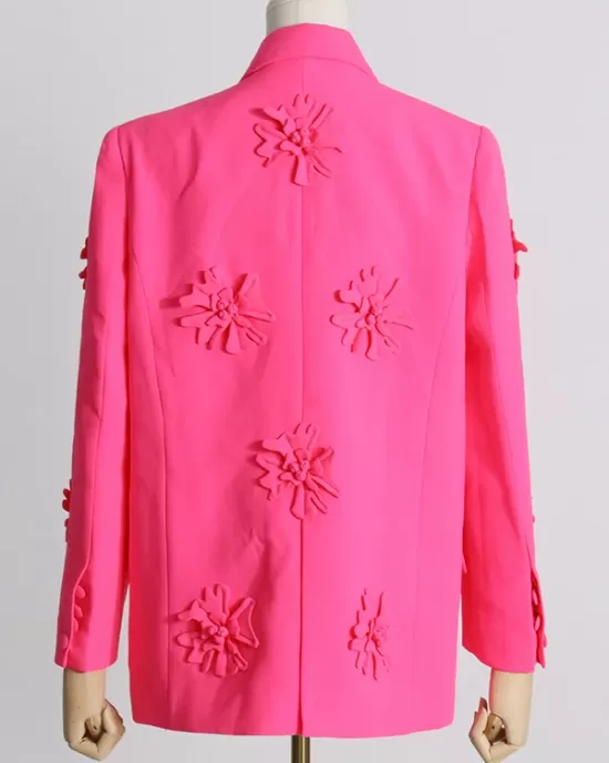 Flower-Embellished Solid Color Long Sleeves Lapel Outerwear Blazer