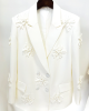 Flower-Embellished Solid Color Long Sleeves Lapel Outerwear Blazer