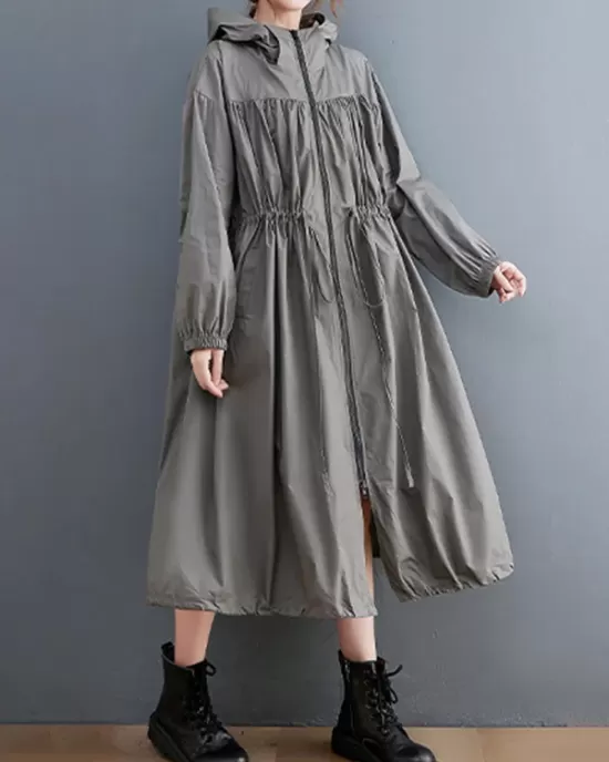 Casual Loose Solid Color Zipper Drawstring Long Sleeves Hooded Trench Coat