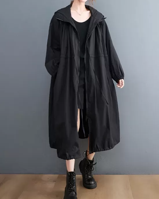 Casual Loose Solid Color Zipper Drawstring Long Sleeves Hooded Trench Coat