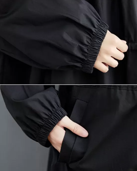 Casual Loose Solid Color Zipper Drawstring Long Sleeves Hooded Trench Coat