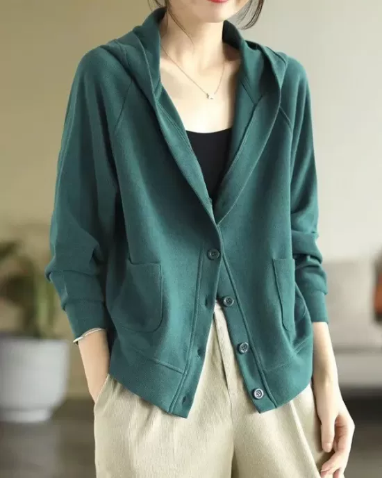 Casual Long Sleeves Loose Buttoned Solid Color Hooded Knitting Outerwear