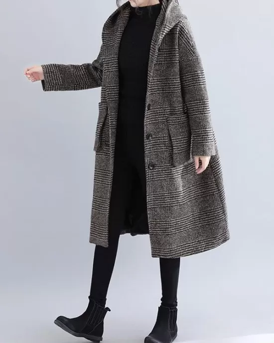 Loose Plaid Woolen Hood Coat