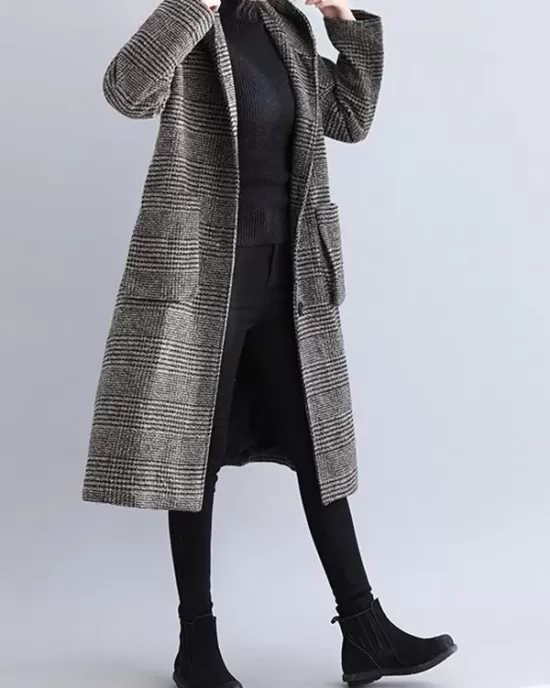 Loose Plaid Woolen Hood Coat