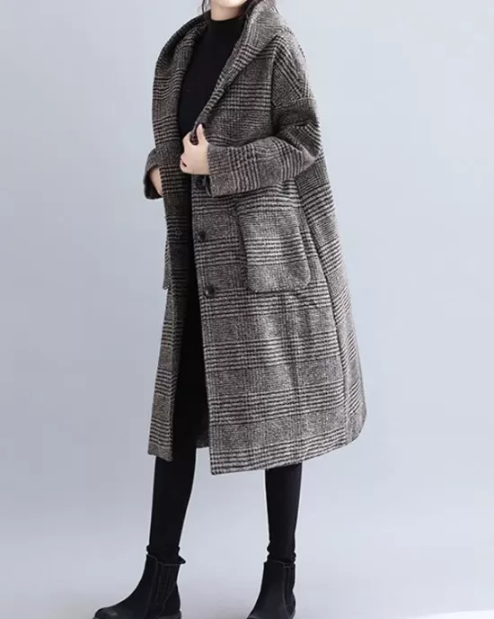 Loose Plaid Woolen Hood Coat