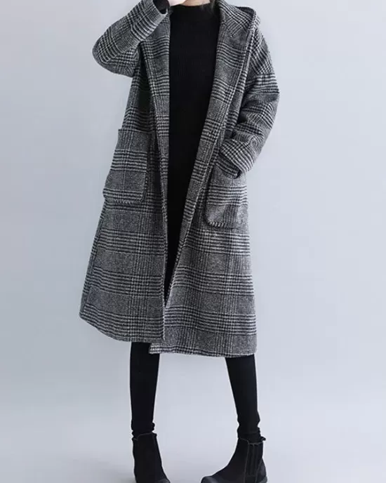 Loose Plaid Woolen Hood Coat