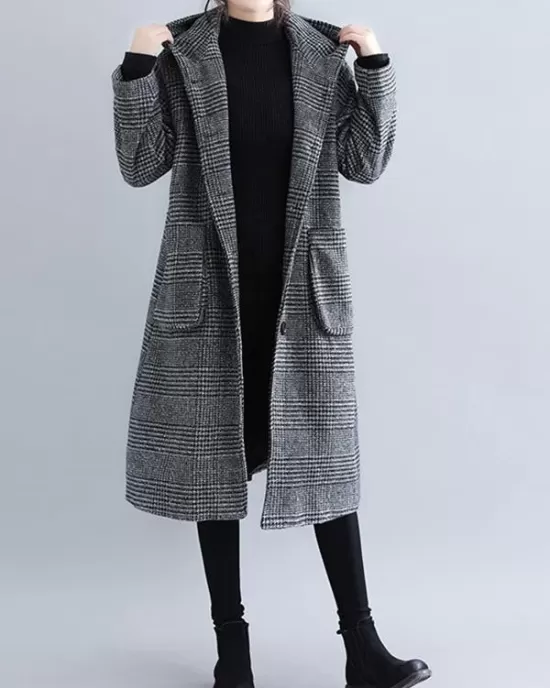 Loose Plaid Woolen Hood Coat