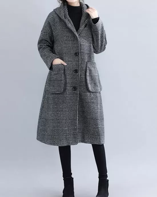 Loose Plaid Woolen Hood Coat