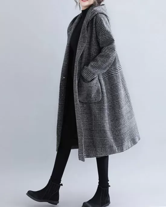 Loose Plaid Woolen Hood Coat