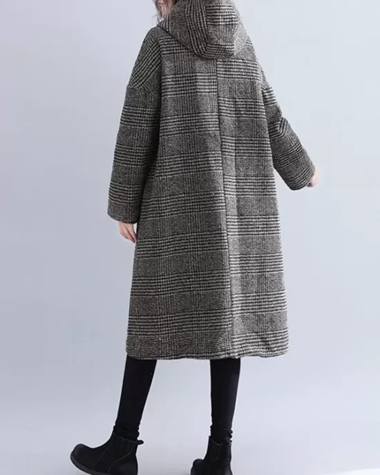 Loose Plaid Woolen Hood Coat