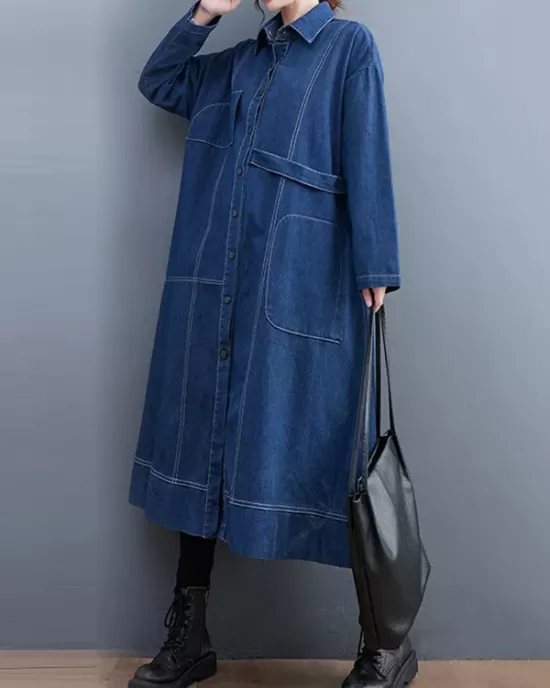 Casual Loose Long Sleeves Buttoned Lapel Collar Denim Trench Coats