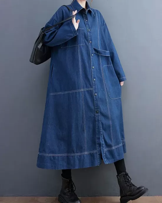 Casual Loose Long Sleeves Buttoned Lapel Collar Denim Trench Coats