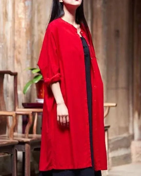 Soft Red Ramie Cotton Linen Cover-up Cardigan