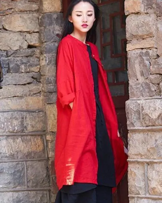 Soft Red Ramie Cotton Linen Cover-up Cardigan