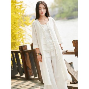 Soft White Frog Ramie Cotton Linen Outwear Cardigan