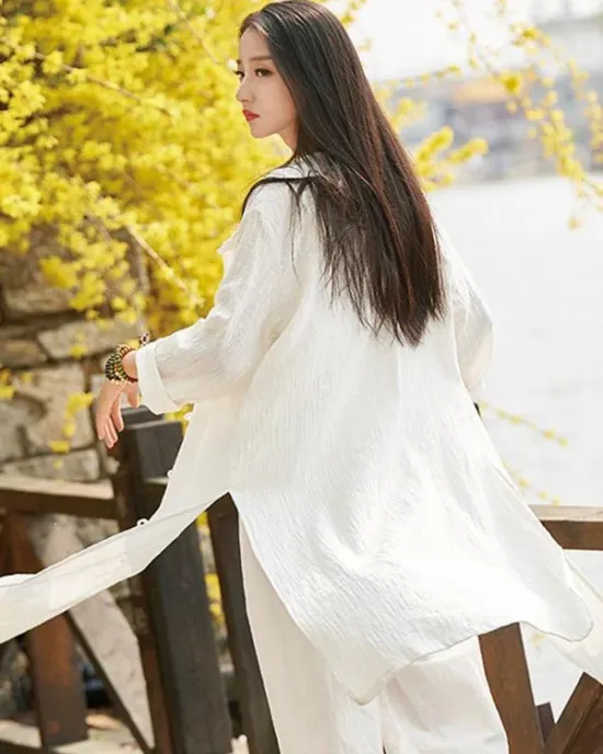 Soft White Frog Ramie Cotton Linen Outwear Cardigan